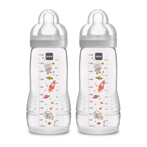 MAM Easy Active Bottle 11 oz (2-Count), Fast Flow Bottles, 4+ Month, Unisex, Gray Unisex 2 Count (Pack of 1)