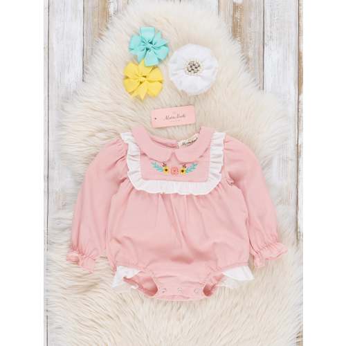 0-3 months Pink Cotton Embroidered Floral Ruffle Bubble