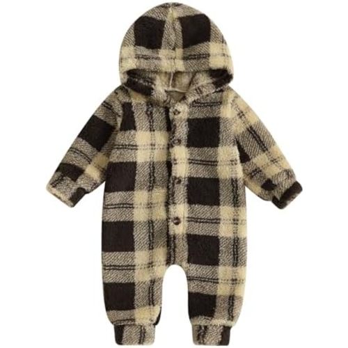 Baby Furry Jumpsuit Newborn Fleece Snowsuit Plaid/Butterfly Long Sleeve One-Piece Hooded Romper Winter Clothes