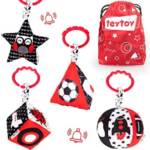 teytoy High Contrast Baby Stroller Toy, Black and White Infant Pattern Toys with Rattle, Easy Clip Hanging Toys, Stroller Crib Carseat Toy, Newborn Baby Toys for 0 3 6 9 12 Month