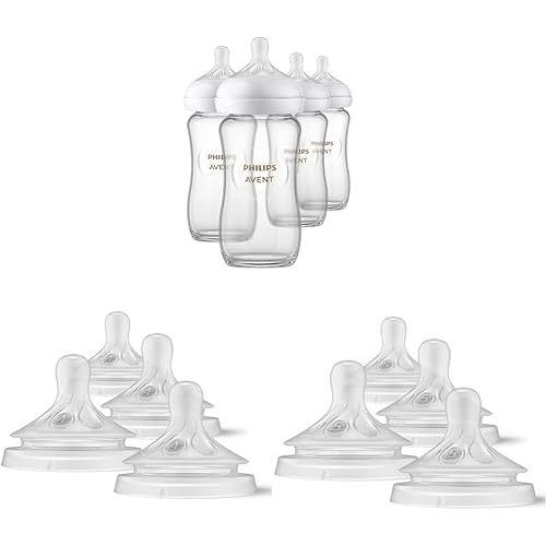 Philips AVENT Glass Natural Baby Bottles with Natural Response Nipples, Clear, 8oz, 4pk (SCY913/04) and Natural Response Baby Bottle Nipples Flow 4, 3M+, 4pk (SCY964/04) and Natural Response Baby Bottle Nipples Flow 5, 6M+, 4pk (SCY965/04)