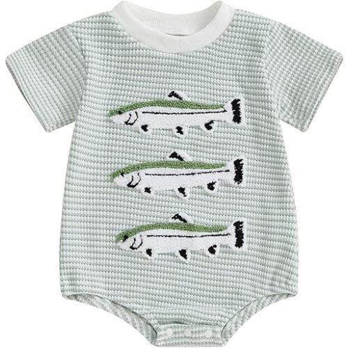 Baby Boy Girl Fishing Outfit Fish Embroidery Bubble Romper Waffle Striped Bodysuit