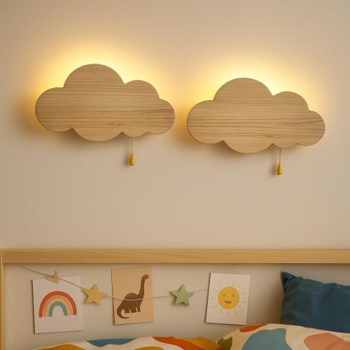 Set of 2 Cloud Wall Lamps – Wood Grain LED Sconces | Dimmable Nursery Night Lights, Kids Room Lighting, Japandi Decor