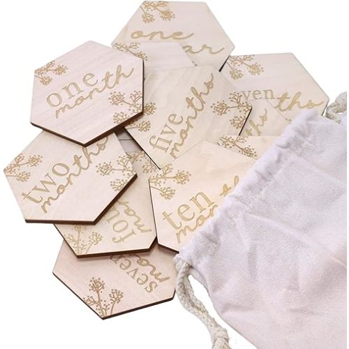 Wooden Baby Monthly Cards. Cute Floral Designs - Reversible, and Laser Engraved Blocks. Set of 24 Sayings Plus a Customizable Birth Card. Natural Wood Disc Photo Props for Boy or Girl in Keepsake Bag