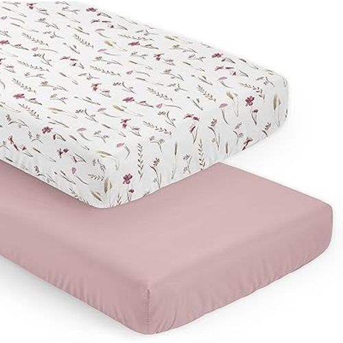 Sweet Jojo Designs Boho Garden Pink Floral Baby Fitted Crib Sheets Girl Set - 2p for Infant Nursery & Toddler Bed Room Standard Mattress - Solid Rose & Watercolor Flower Bohemian Farmhouse Vintage