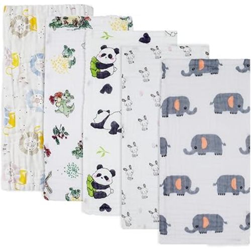 PENG'S M Muslin Burp Cloths 5-Pack 20''x10'' Panda Baby Burping Cloth Set 100% Cotton Washcloths 6 Layers Baby Essentials Super Soft and Absorbent