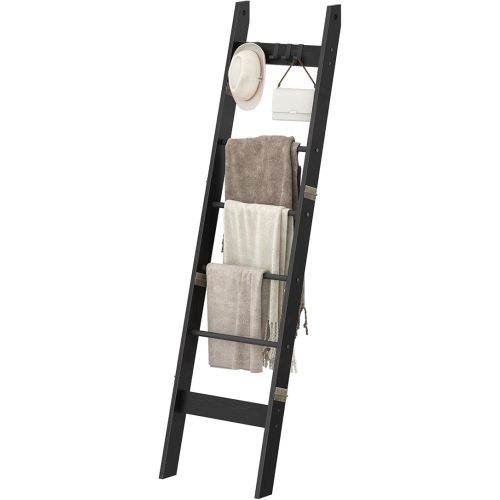 Blanket Ladder for Living Room, Decorative Quilt Rack with 4 Removable Hooks, 6-Tier Farmhouse Ladder Holder Shelf Organizer for Bedroom, Black BR31504B