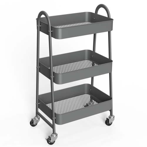 edx 3 Tier Rolling Cart, Metal Utility Cart Storage Organizer with Lockable Casters, Multi-Functional Mesh Rolling Storage Cart for Kitchen Office, Gray