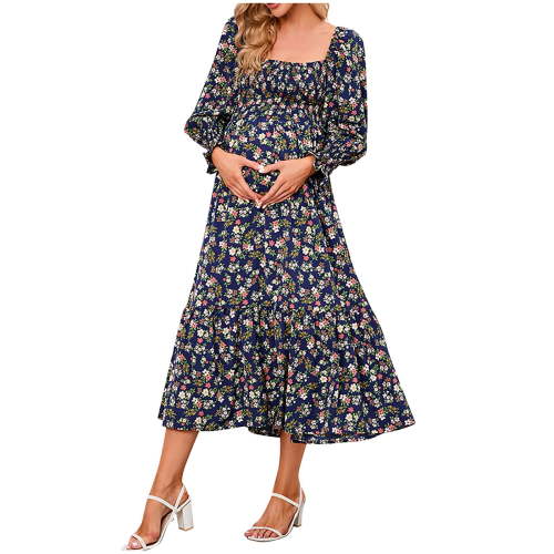 gakvbuo Maternity Dress for Photoshoot Women'S Pregnant Casual Sexy Fashion Small Floral Printing Chiffon Square Collar Long Sleeve Long Dress