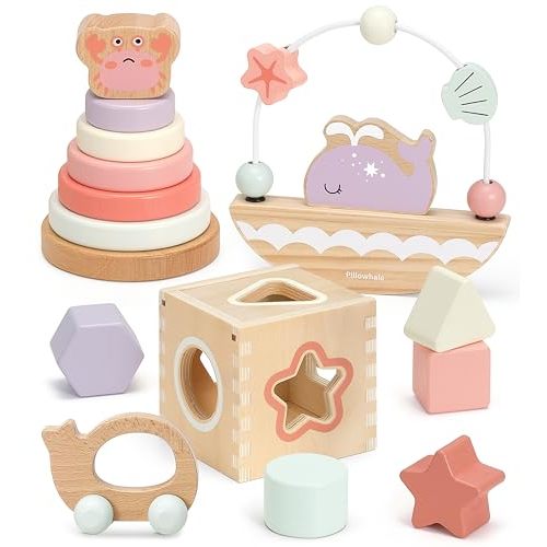 Pillowhale 4-in-1 Wooden Toddler Toys for 1 Year Old, Wooden Stacking Rings Tower, Shape Sorter Box, Bead Maze, Wood Baby Push Car, Wooden Stacking Toys for Boys Girls 12m+