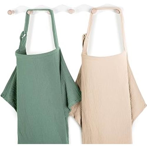 Yoofoss 2 Pack Muslin Nursing Cover for Breastfeeding, Breathable 100% Cotton Breastfeeding Cover with Arch Neckline, Multi-use Nursing Apron Soft Privacy Nursing Covers for Mom