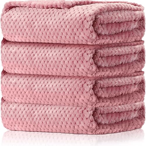 4 Pack Baby Fuzzy Blanket 30 x 40 Waffle Flannel Baby Throw Blankets Warm Nursery Bed Blankets for Girl Boy Newborn Infant Baby Receiving Crib Stroller Blanket (Pink)