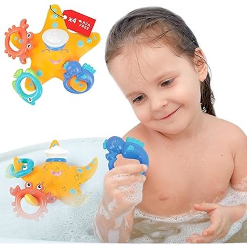 Nuby Starfish Ring Toss Bath Toy, Includes 3 Toss Rings (Crabfish, Tropical Fish and Seahorse)