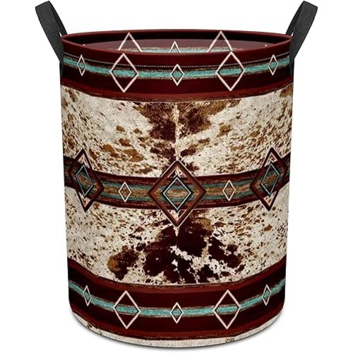 Western Aztec Cow Print Baby Laundry Hamper,Laundry Basket,Waterproof Storage Bin for Bedroom,Clothes Organizer Basket,Toys Box,Room Decor