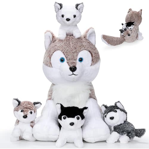 5PCS Wolf Plush Toys - 13.4 Inch Wolf Mom with Little Mini Babies Stuffed Animal Plush Huggable Cuddly Fluffly Wolf Plushie Family Set Gifts for Girls Boys Christmas