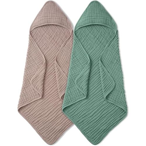 Blissful Diary Muslin Baby Hooded Towel 2 Pack, Soft & Absorbent Bath Towel for Infant, Toddler, Baby Gift, Newborn Essentials, Roman Green & Sand