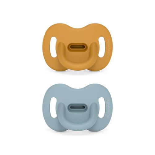 Color Essence SX PRO Silicone Baby Pacifier 2Pk, Made with 100% Soft Silicone, Baby Essentials Perfect for Breastfeeding Babies, Designed in Spain, 0-6 Mths, Mustard/Blue