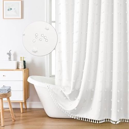 Boho Farmhouse White Fabric Shower Curtain, 72x72 Tufted Pleat Floral Puffs Textured Tassel Cute Rustic Vintage Shower Curtain for Bathroom, Minimalist Cloth Shower Curtain Set with Hooks