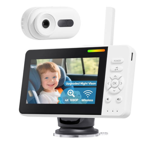 Wireless Baby Car Camera with Upgraded Auto Night Vision, 1080P HD Car Baby Monitor with 360° Adjustable, Easy Install Rear Facing Carseat Mirror, Newborns Travel Essentials Gifts - White