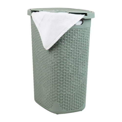 Mind Reader 60L Slim Laundry Hamper, Clothes Basket, Lid, Wicker Design, Plastic, Mint