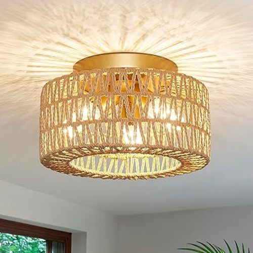 Rattan Light Fixtures Ceiling Mount, 3-Lights Boho Flush Mount Ceiling Light, Hand-Woven Cage Shade Lamp Lighting, Rustic Rattan Chandelier for Hallway Bedroom Kitchen Farmhouse Foyer Entryway (Gold)