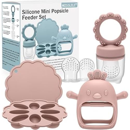 Baby Silicone Fruit Food Feeder Pacifier & Breastmilk Popsicle Freezer Molds,BPA Free Baby Food Storage Containers Frozen Ice Tray for Baby Feeding Safely, Infant Fruit Teething Toy (Pink)