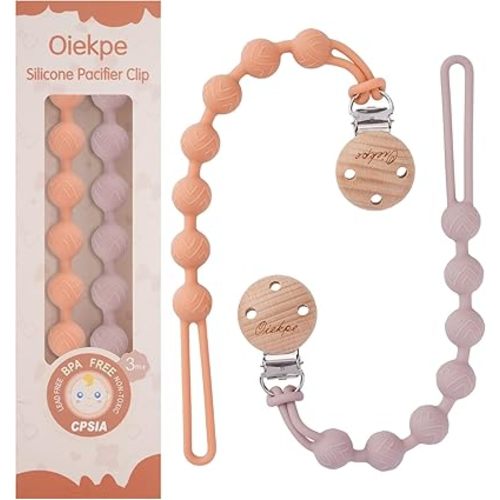 Pacifier Clips for Baby Boys Girl - 100% Food Grade Silicone, One Piece Pacifier Clip Holder, Wooden Clips Design, Paci Clip Soothe Baby Binky Holder for Shower Birthday Gift (Muted+Dusty Lilac)