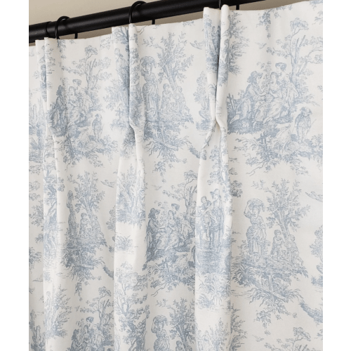 Pair Pinch Pleat in Weathered Blue and White Toile Jamestown Curtains - Lining Available, Blackout, Cotton, Dimout