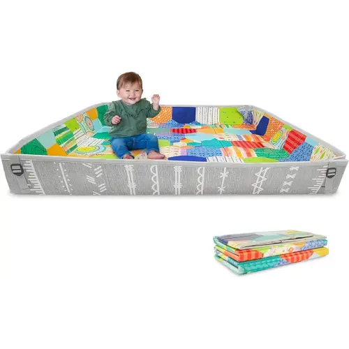 Infantino Foldable Soft Foam Mat, Extra Large Double-Sided Cushioned Portable Play Mat with Fold-Up Sides, Non Slip Crawling & Playing for Infants and Toddlers, Multicolor