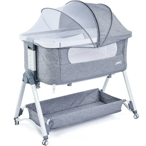 Baby Bassinets, 3 in 1 Bedside Sleeper, Baby Bedside Crib Sleeper with Adjustable Height, Removable Mosquito Net and Storage Basket, Easy Folding Portable Crib for Newborn (Grey)