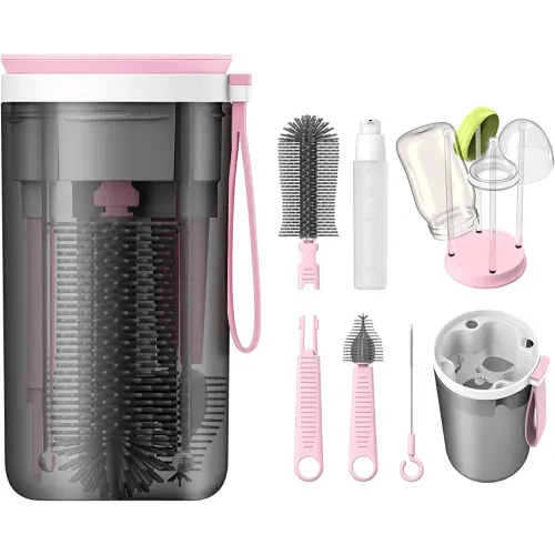 YOTIME Travel Baby Bottle Brush Set with Portable Silicone Bottle Brush, Nipple Cleaner Brush, Straw Brush, Soap Dispenser and Bottle Drying Rack, Pink