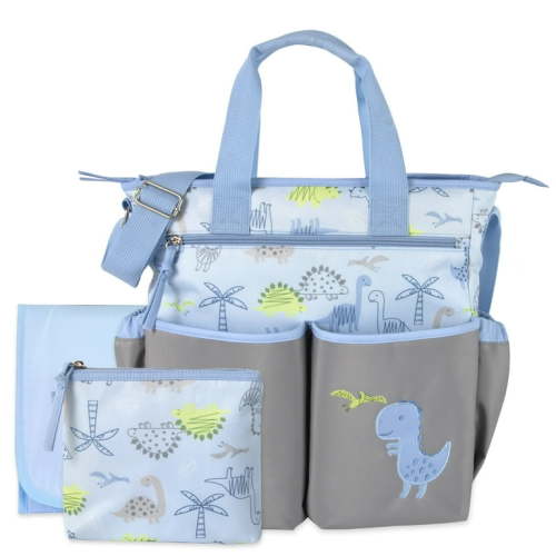 Baby Essentials 13.5”L 3 Piece Multi-Pocket Crossbody Diaper Bag Tote with Matching Changing Pad and Zippered Pacifier Pouch for Newborns, Infants & Toddlers in Blue & Gray Dinosaurs