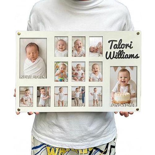 My First Year Photo Frame Personalized | Baby 0-12 Months Picture Display | First Year Wooden Milestone Frame for Newborn | New Mom Baby Keepsake (White)