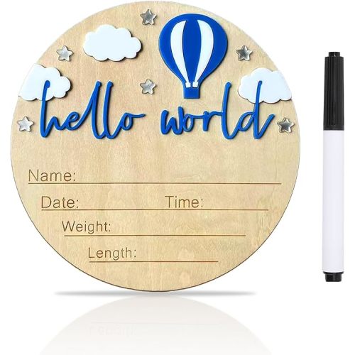 Baby Announcement Sign, 5.9 Inch Wooden Hello World Newborn Signs, Birth Announcement Sign and Pen, Hot Air Balloon and White Cloud Decoration, Welcome Newborn Arrival to World (Dark Blue)