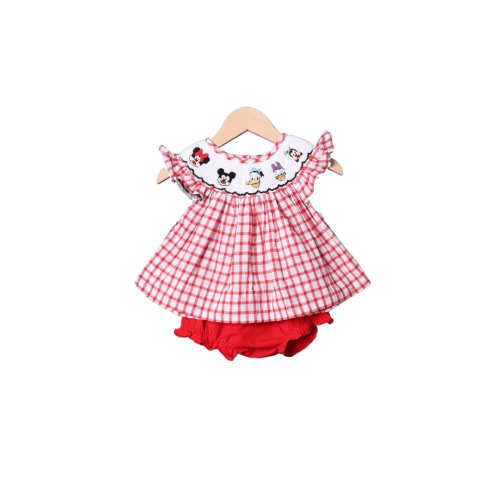 Smocked Mouse and Friends Red Windowpane Bloomer Set
