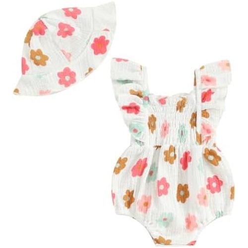 Baby Girl Summer Clothes Cotton Linen Ruffle Bubble Romper Floral Bodysuit Headband Infant Newborn Cute Clothes