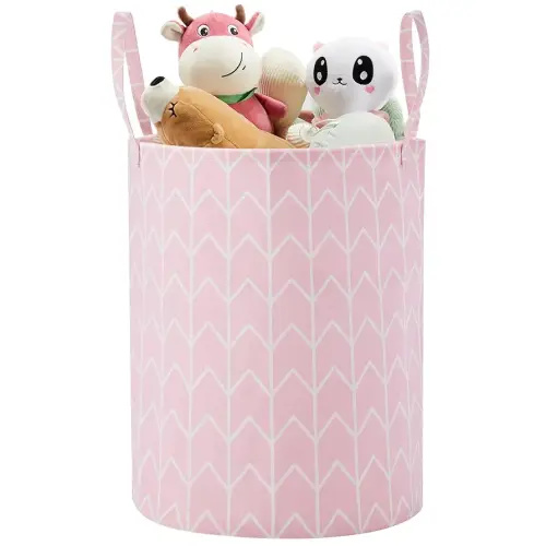 TECHMILLY Large Storage Basket for Girls and Boys, Collapsible Laundry Hamper with Long Handles, Toy Bins for Nursery, Kids Room Décor Pink Geometry