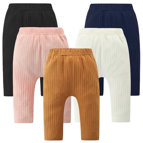 Fullfamous Baby and Toddler Girl's 5 Pack Cotton Ribbed Pull On Pants Leggings 0-4 Years