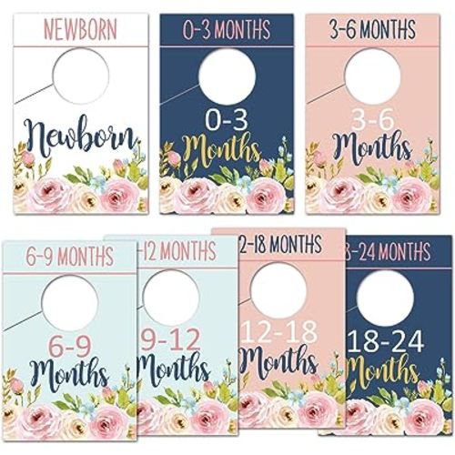Baby Closet Size Dividers, Floral Closet Organizer for Girl, Nursery Wardrobe Divider Hangers to Arrange Clothes By Size or Age, Newborn Shower Gift, 0-24 Months