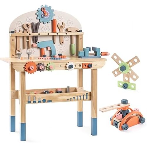 ROBOTIME Kids Tool Bench Set- Large Wooden Work Bench Construction Toys, Workshop w/Kid Toys Tool Set (41 Pieces) for Toddlers Boys Girls Age 3 4 5 6 7