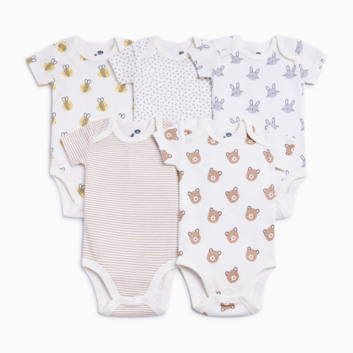 Organic Cotton Short Sleeve Printed Bodysuit (5 Pack) - Baby Animals