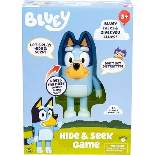 Bluey Hide & Seek Game, Hide The Figure and Press her Nose to Start The Built-in Timer, Talks and Giggles to Help Kids find her, When Found, Kids can Dance to Theme Song