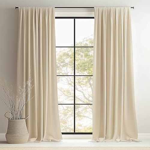 Topfinel Beige Cream Velvet Blackout Curtains 84 Inches Long, Ivory Room Darkening Thermal Insulated Soundproof Modern Nursery Rod Pocket Back Tab Winter Drapes for Living Room Bedroom 2 Panels
