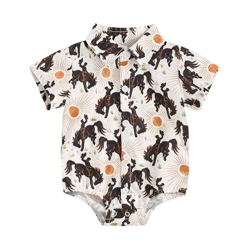 Rarjuiey Newborn Western Baby Boy Outfits Country Cow Shirt Romper Short Sleeve Button Down Bodysuit Cowboy Summer Clothes