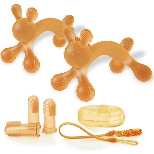 WAJIAYON Easter Bunny 2 Pack Amber Oil Baby Teething Toys for Babies,Silicone Baby teethers for Babies 3-6 Months,Freezer BPA Free Soft and Textured Chew Infant Toys Easter Gifts for Boys and Girls