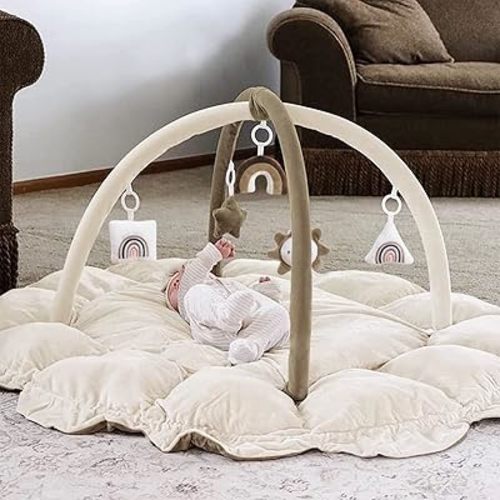 5-in-1 Thick & Plush Baby Play Gym, Baby Play Mats for Floor, Tummy Time Mat with 6 Toys, Cat Bed, Dog Bed, Convertible Stage-Based Developmental from Baby to Toddler, Ball Pit, Pet Cushion, Brown