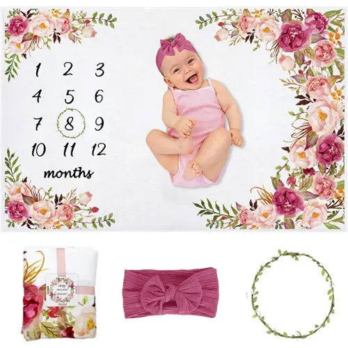 Baby Monthly Milestone Blanket Girl, Milestone Blanket for Baby Girl, Track Growth and Age, Newborn Shower Gifts for Mom, Includes Floral Wreath & Pink Bow Headband, 60" X 40"