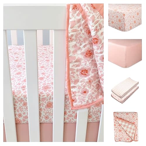 HonestBaby 7-Piece and 5-Piece Sweet Dreams Nursery Gift Set 100% Organic Cotton for Infant Baby Boys, Girls, Unisex, 5-Piece Peach Skin Papercut Floral, One Size