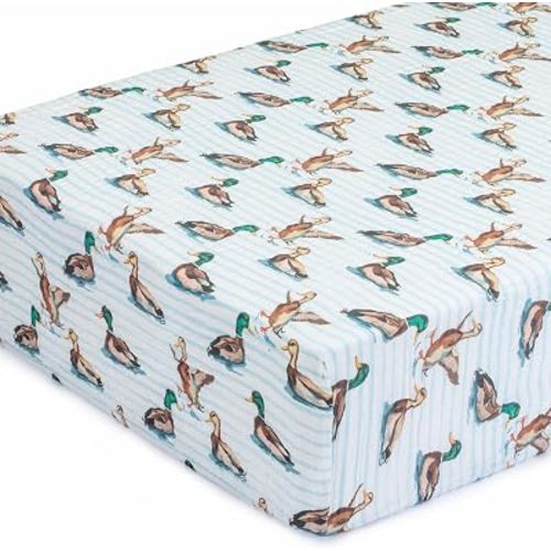 LollyBanks Crib Sheets 1 Pack, 100% Cotton Soft and Breathable Muslin Sheets for Baby Boys and Girls, Toddler Mattress Sheets Fits Standard 52"x28", Baby Registry (Swimming Mallard Duck Print)