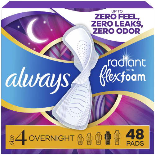 Always Radiant FlexFoam Overnight Pads, Scented, Size 4, 48 ct.